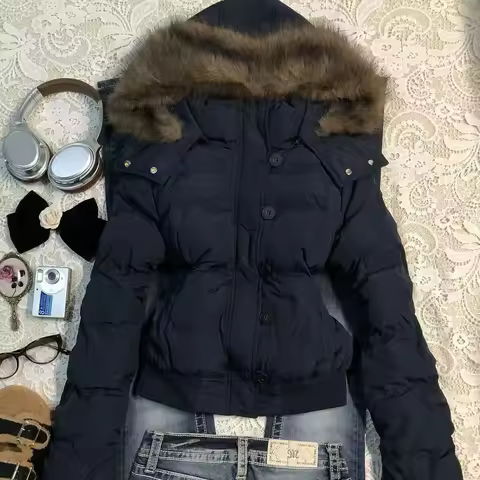 Y2K American Retro Fluffy Fur Collar Hooded Cotton Coat Women's Solid Cream Winter Warm Slim Casual Jacket