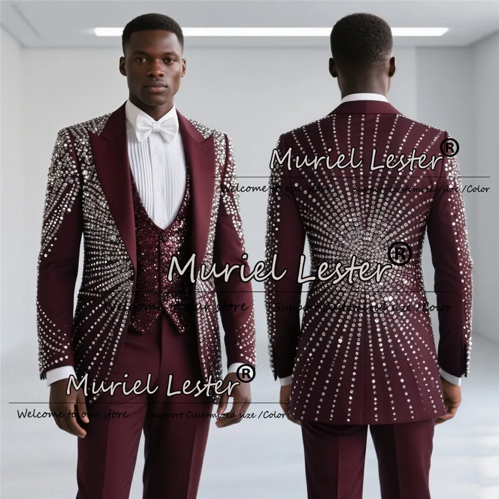

Мерцающий костюм с кристаллами из бисера, мужской приталенный пиджак для выпускного с зубчатыми лацканами, индивидуальный комплект из трех предметов, свадебные смокинги для жениха, Ropa Hombre