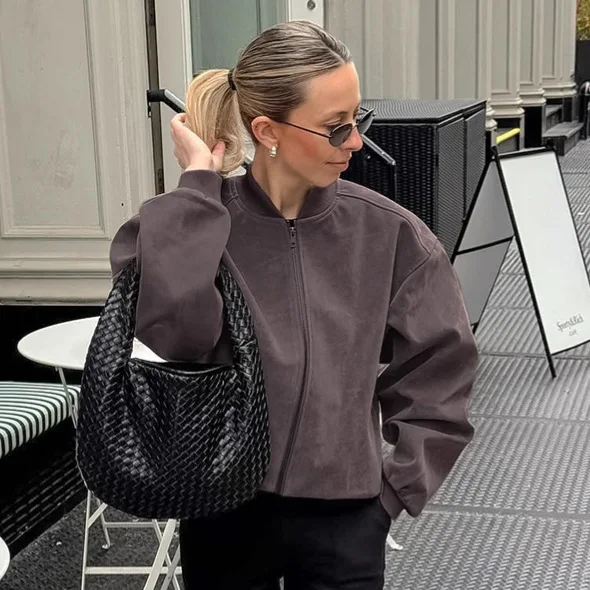 Chaqueta de cuero de ante para mujer, chaqueta Bomber Vintage de calle alta, cortavientos para primavera y otoño, ropa de moda para mujer, prendas de vestir exteriores