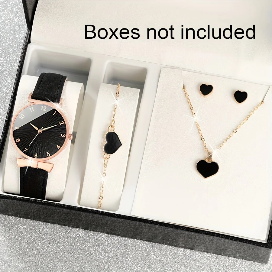 

5pcs/set Stylish Womens Casual Quartz Watch with Analog PU Leather Strap & Romantic Heart Jewelry Set -Gift for Her