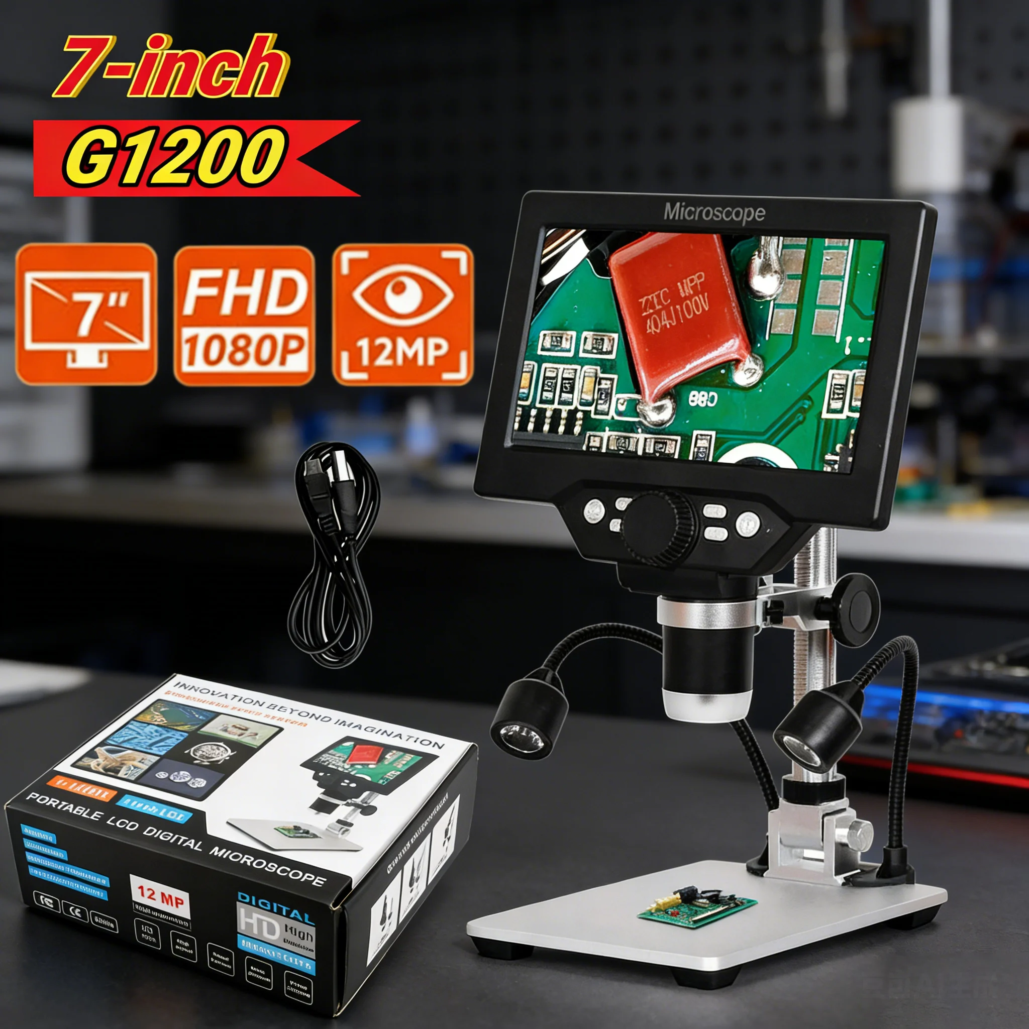 

7-дюймовый HD LCD цифровой микроскоп 1200X, 12 МП, видеомикроскоп для пайки и ремонта телефонов, с металлической подставкой, просмотр на ПК