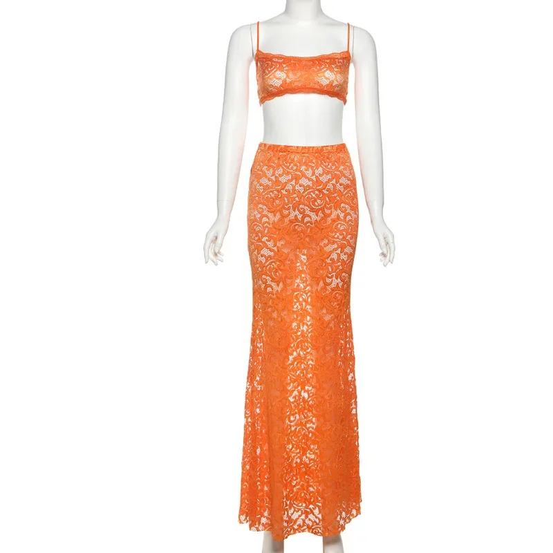 Vedere attraverso il pizzo Set da 2 pezzi Donna Sexy Canotta Crop Top + Gonne lunghe aderenti Moda Party Clubwear Abiti Abiti da vacanza
