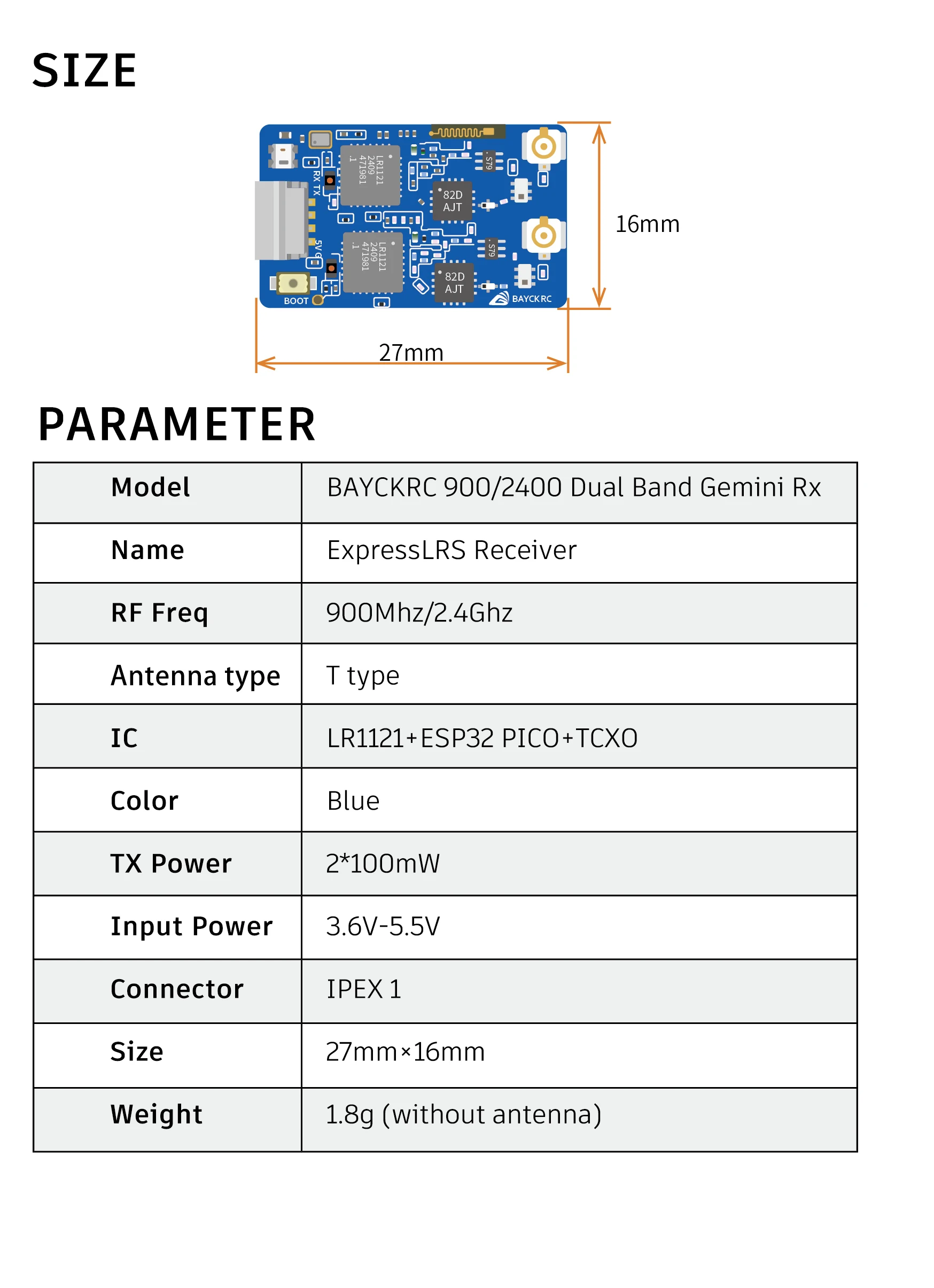 BAYCK 900MHz 2,4GHz 915M ELRS Dual-Band Gemini Empfänger ExpressLRS RX TCXO für RC FPV Racing Langstrecken-Drohnen und Starrflügler – Detail 2