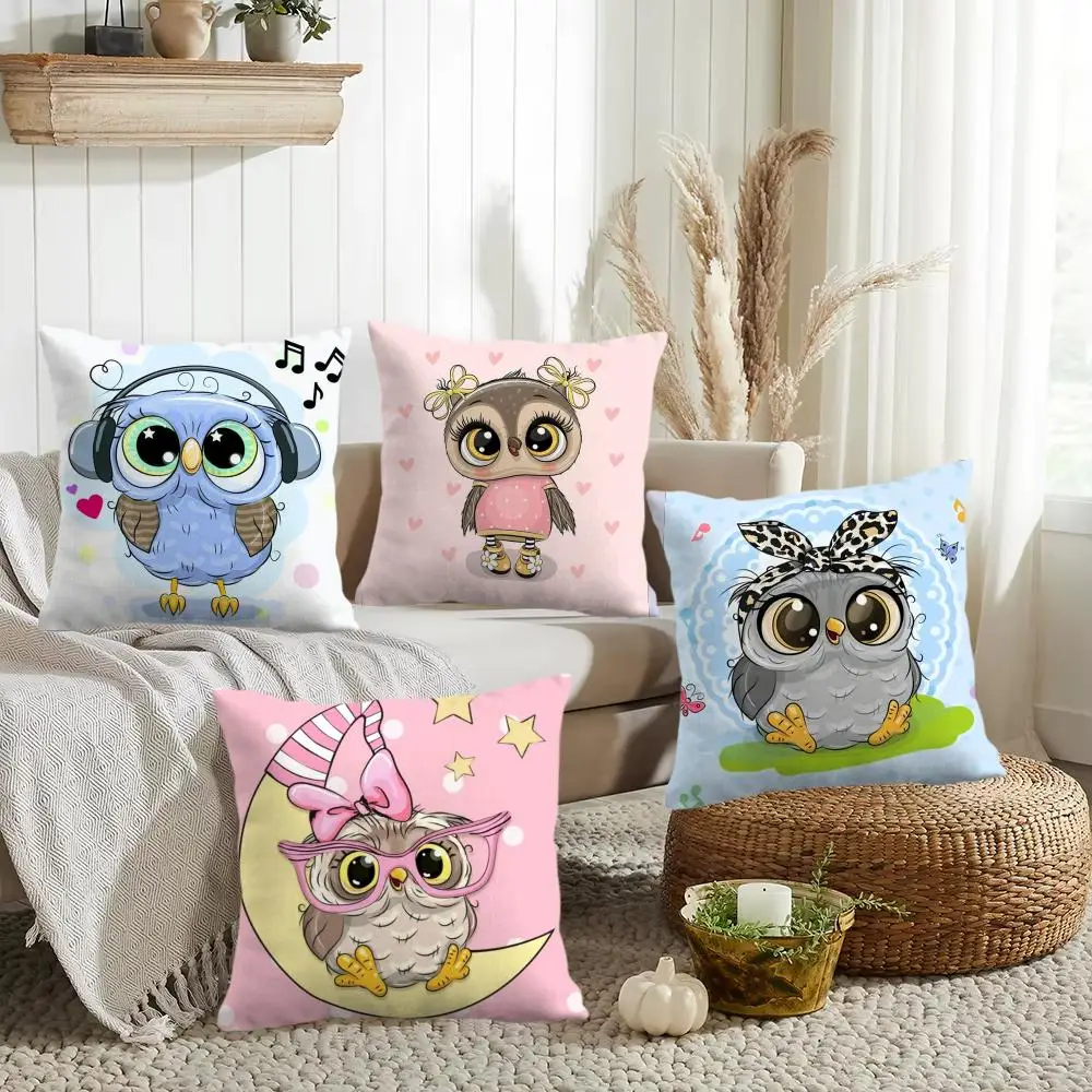 Cute Cartoon Owl Cushion Cover Double-Sided Printed Organic Linen Pillow Cover, Decorative for Sofa Home