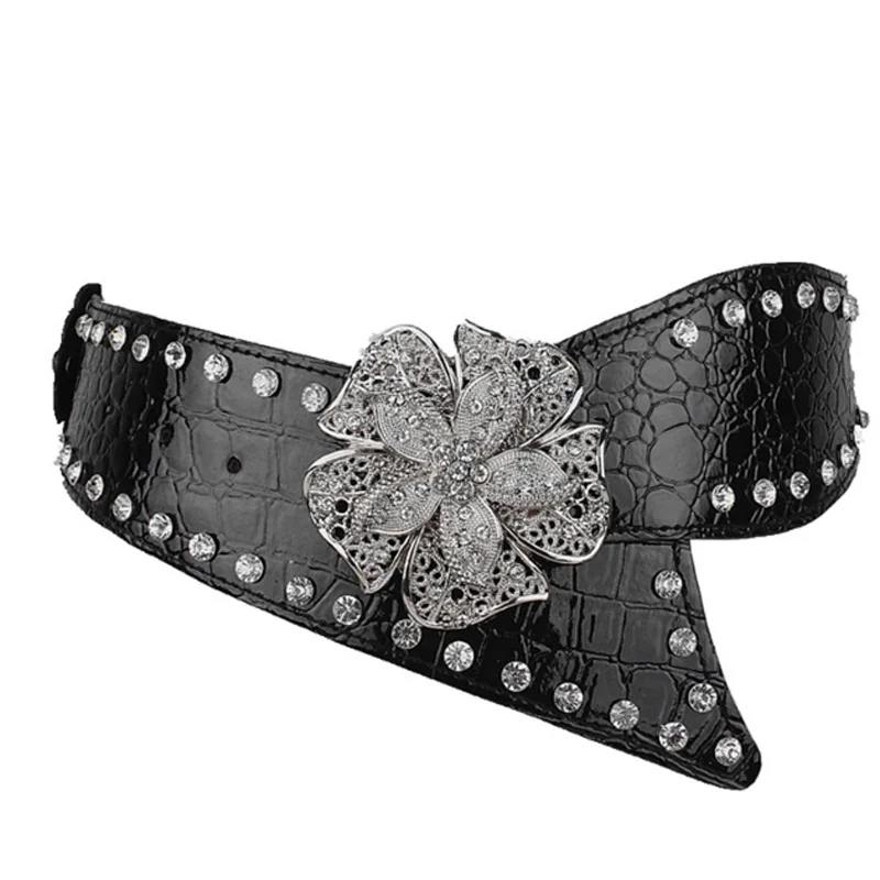 Wome Crystal Studded Corset Belt Fashion Flower Alloy Buckle Strap Rhinestone Belt for Jean Cinto De Strass Clothes Decoration