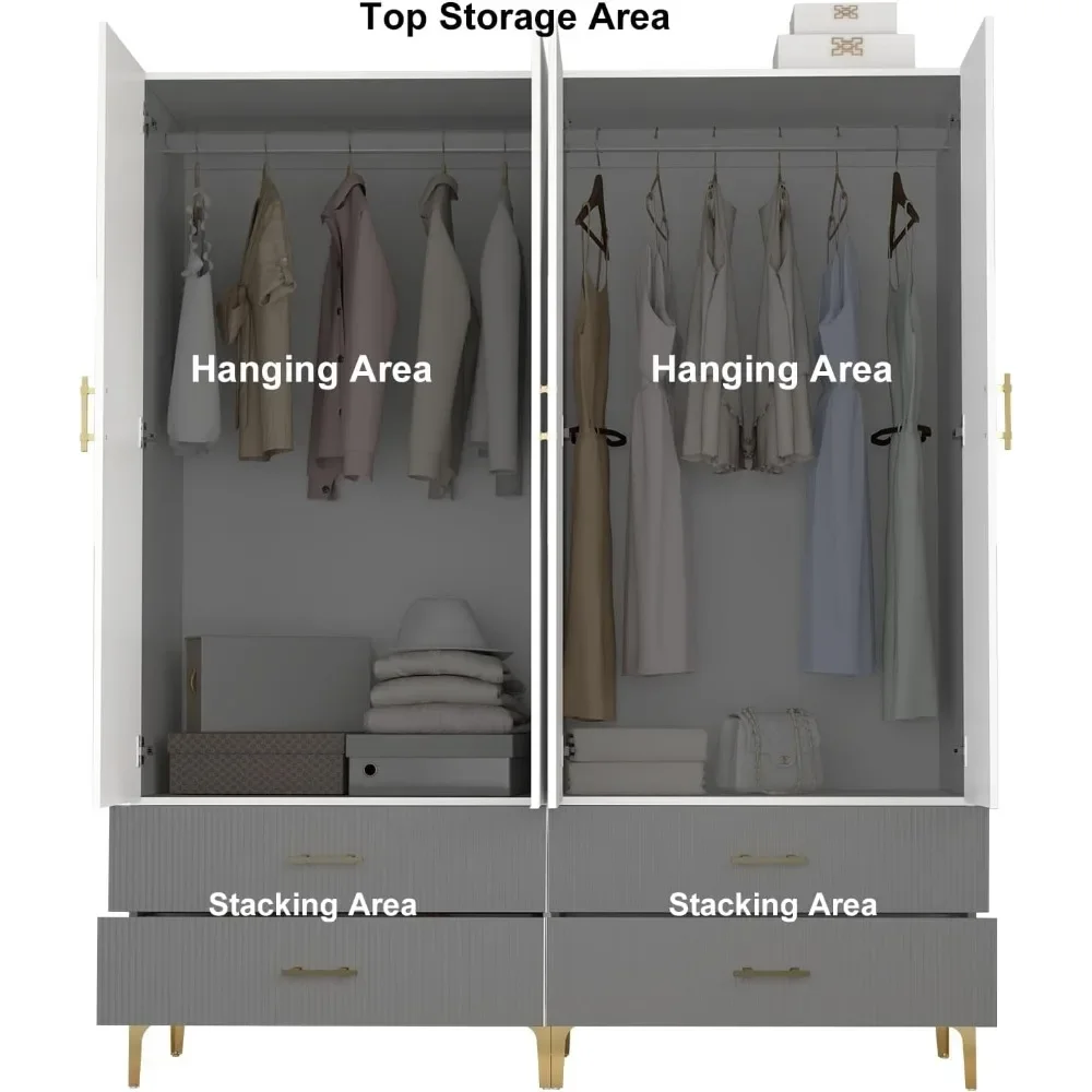 Wardrobe Armoire with 4 Doors, 4 Drawers and 2 Hanging Rods, Twill Wood Closet Storage with Metal Cabinet Legs, White Wardrobes