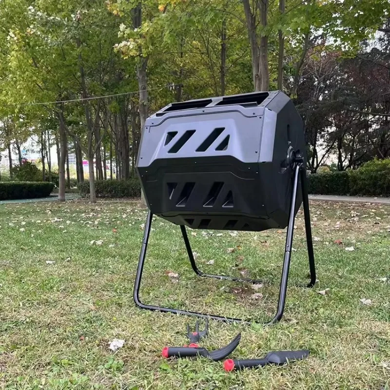 Garden Dual Rotating Compost Tumbler, Worm Composter Bin Featuring Sliding Access Doors