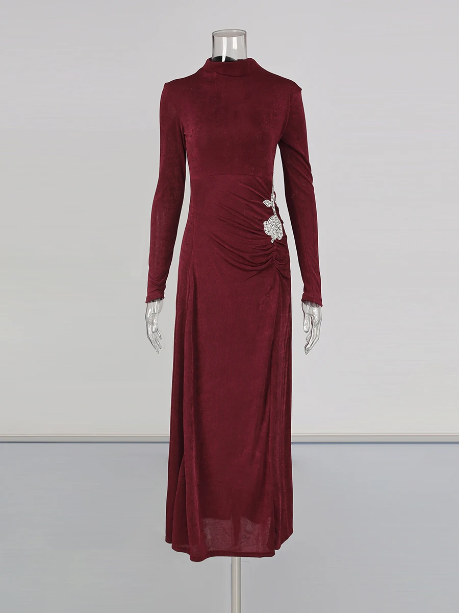 TWOTWINSTYLE Mimimalist Solid Evening Dresses for Women Stand Neck Long Sleeve High Waist Spliced Sequins Rose Dress Female New