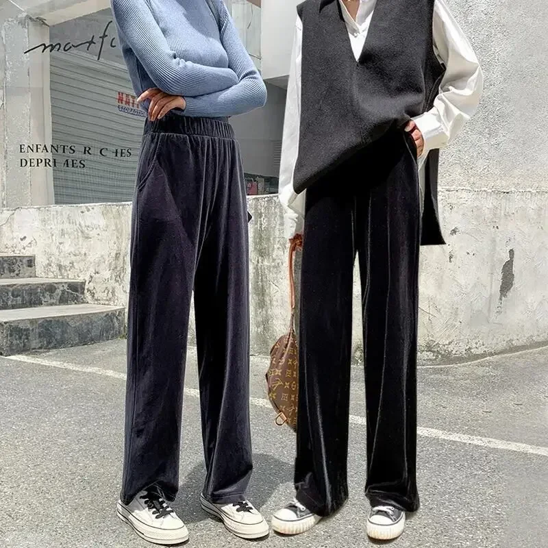 2024 Winter Velvet Trousers,Korean Fashion Women Autunm High Waist Streewear Casual Velour Pants Black Spodnie Damskie