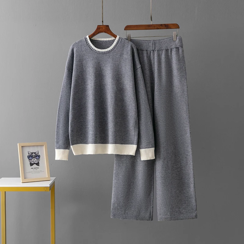 2 Pieces Thick Warm Set Women Knitted Tracksuit O Neck Sweater Loose Jogging Pants Pullover Sweater Set CHIC Knitted Outwear