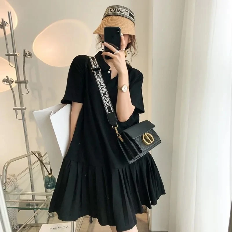 

Plus Size plus Size Women's Korean Sle Ne ort Sve Dr Summer Loose Slimming Student Pleated Skirt Maxi Dr Casual Wear