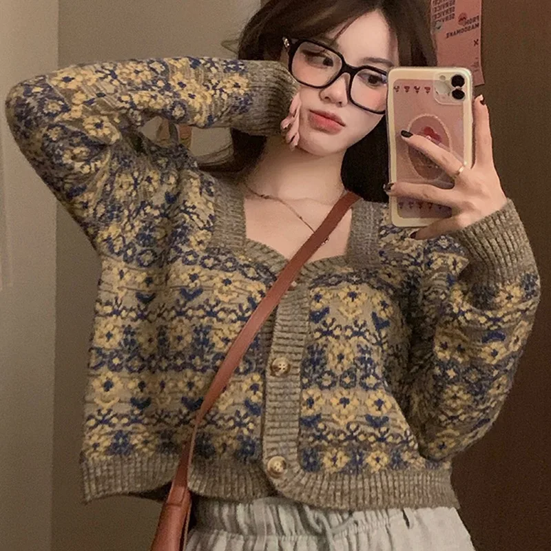 Autumn Sexy Retro Square Floral Cropped Cardigan Knitted Top Slim Pull Femme Jumpers Single-breasted Jacquard Sweater Coat