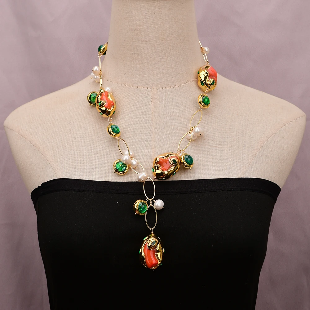 

G-G натуральный оранжевый коралл культивированный белый жемчуг зеленый муранское стекло позолоченное ожерелье женские ювелирные изделия подарок