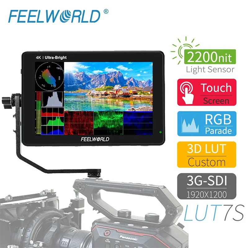 

FEELWORLD LUT7S 7 Inch 2200nits Touch Screen Field Monitor 3D LUT Full HD 1920x1200 IPS 3G SDI 4K HDMI Input Output DSLR Monitor