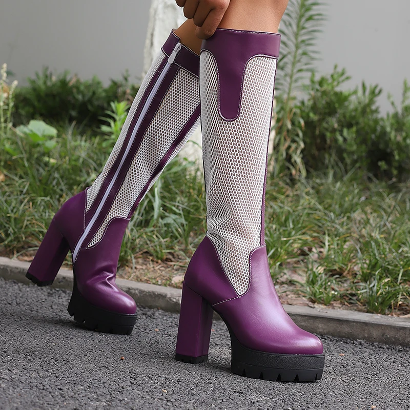 

YQBTDL/Осенние ботинки в стиле панк 202, женские длинные босоножки на высоком каблуке с дышащей сеткой, универсальная женская обувь для вечеринок