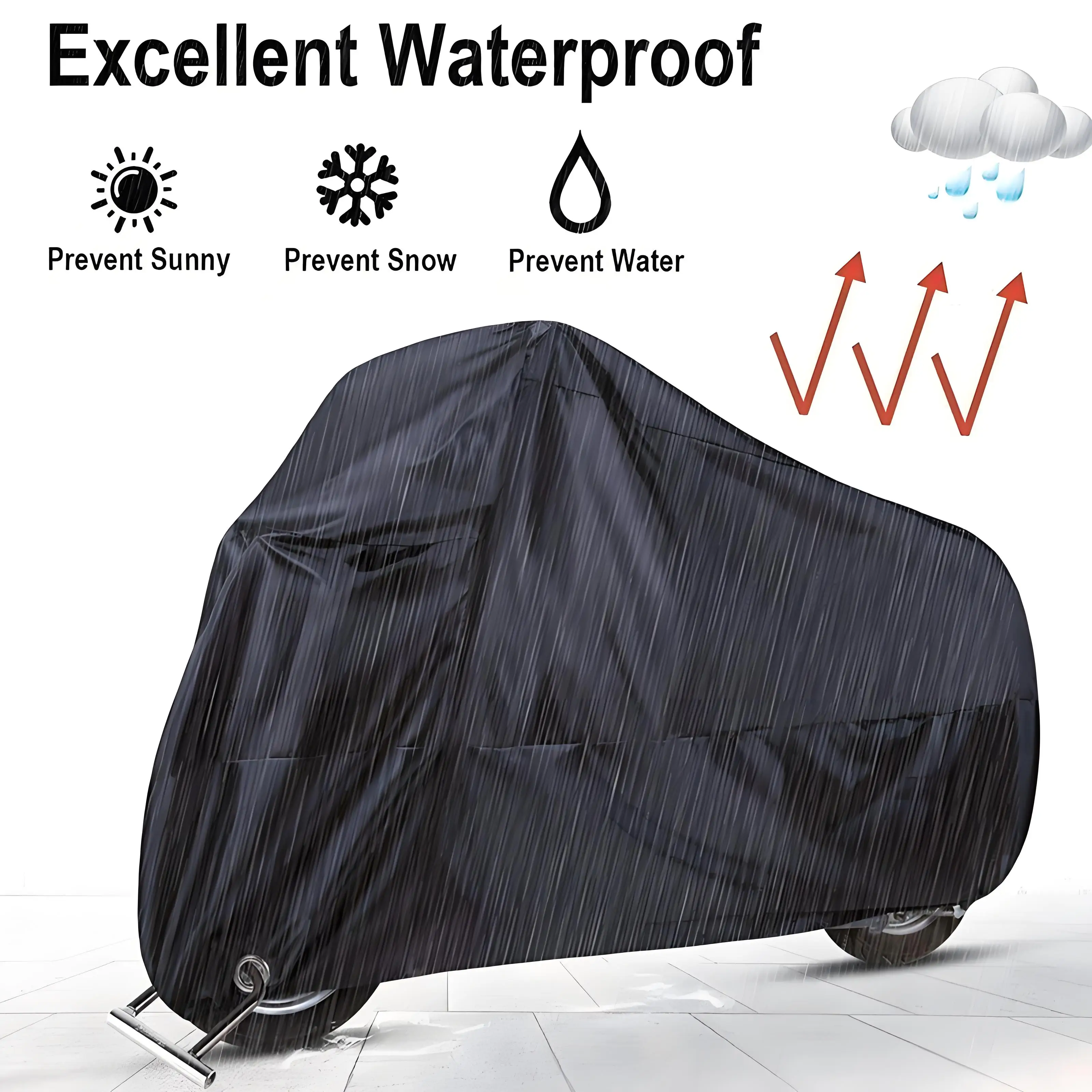 

Black Motorcycle Cover 190T Polyester - Waterproof Windproof Rain Snow Protection, All-Weather Outdoor/Indoor Storage Covers