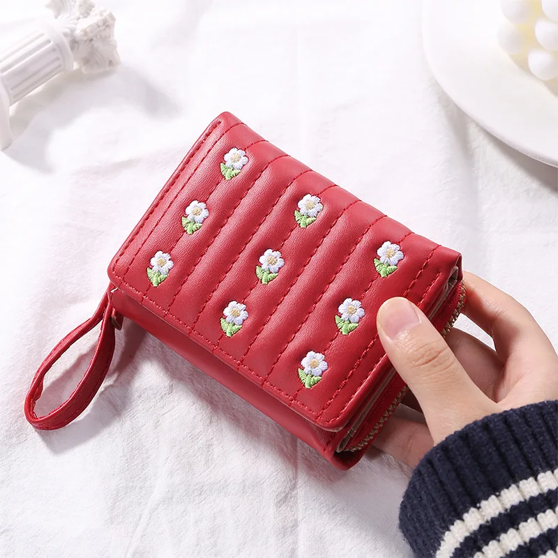 

Multi-Cards Holder Coin Short Wallets Slim Small Wallet Women Wallets Leather Female Purse Mini Hasp Solid Embroidered Flower