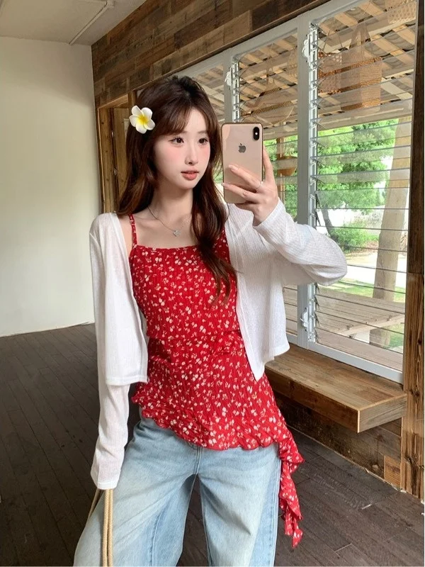 

plus Size Floral Print Camisole Tank Top Thin Fashionable Sun Protection Inner Wear Korean Style Casual Summer Outerwear