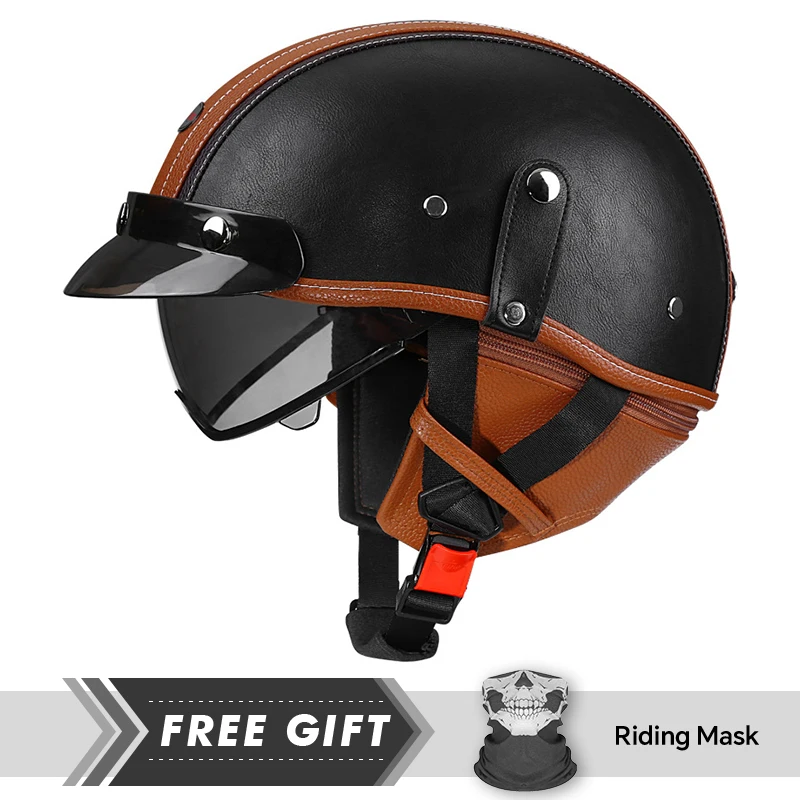 

DOT Approved Retro Half Face Motorcycle Helmets Leather Vintage 1/2 Half Helmets Built in Lens Low Profile Open Face Helmets