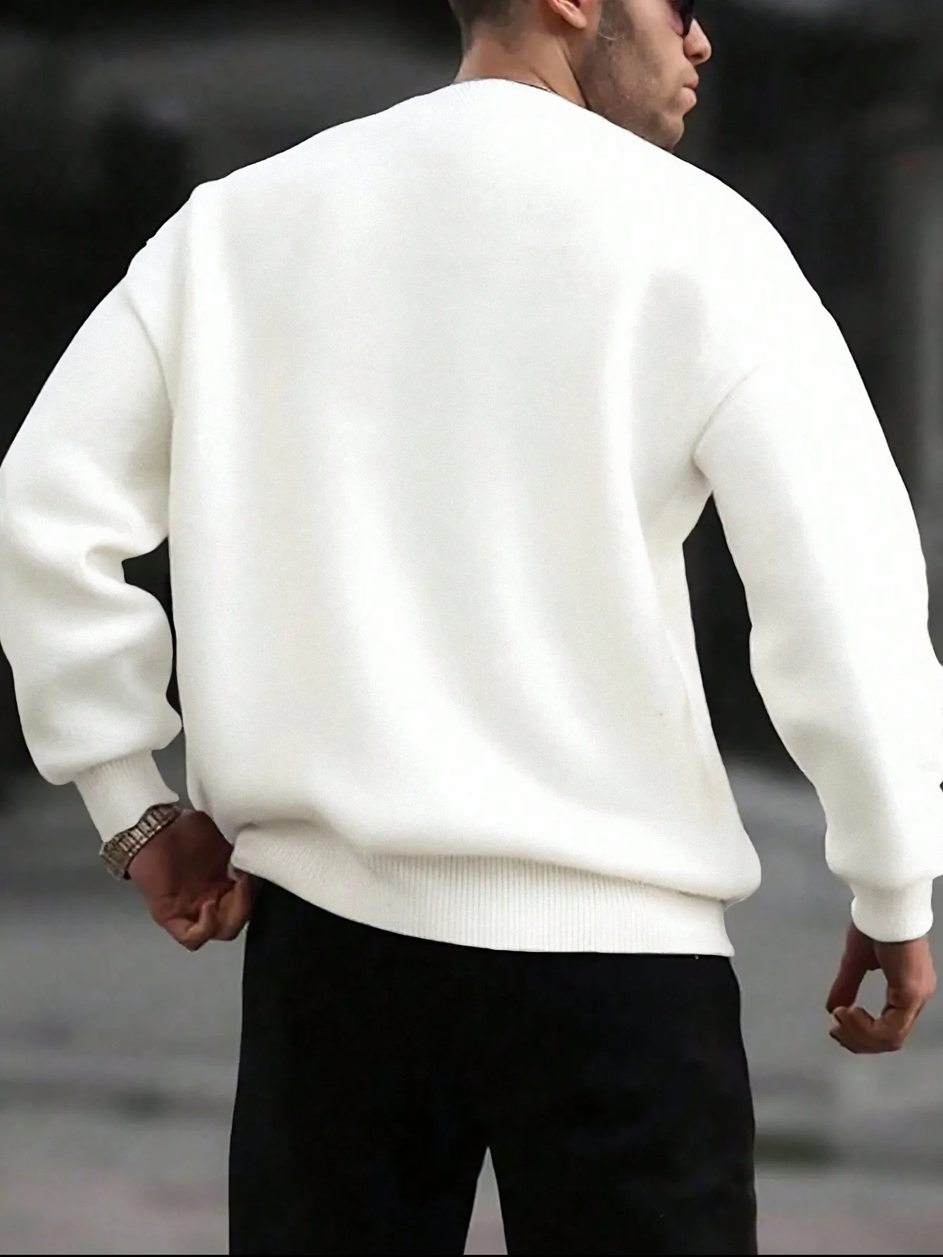 Cream Solid Crew Neck Oversized Sweater for Men, Soft Knit Long Sleeve Top for Fall Winter Casual Wear