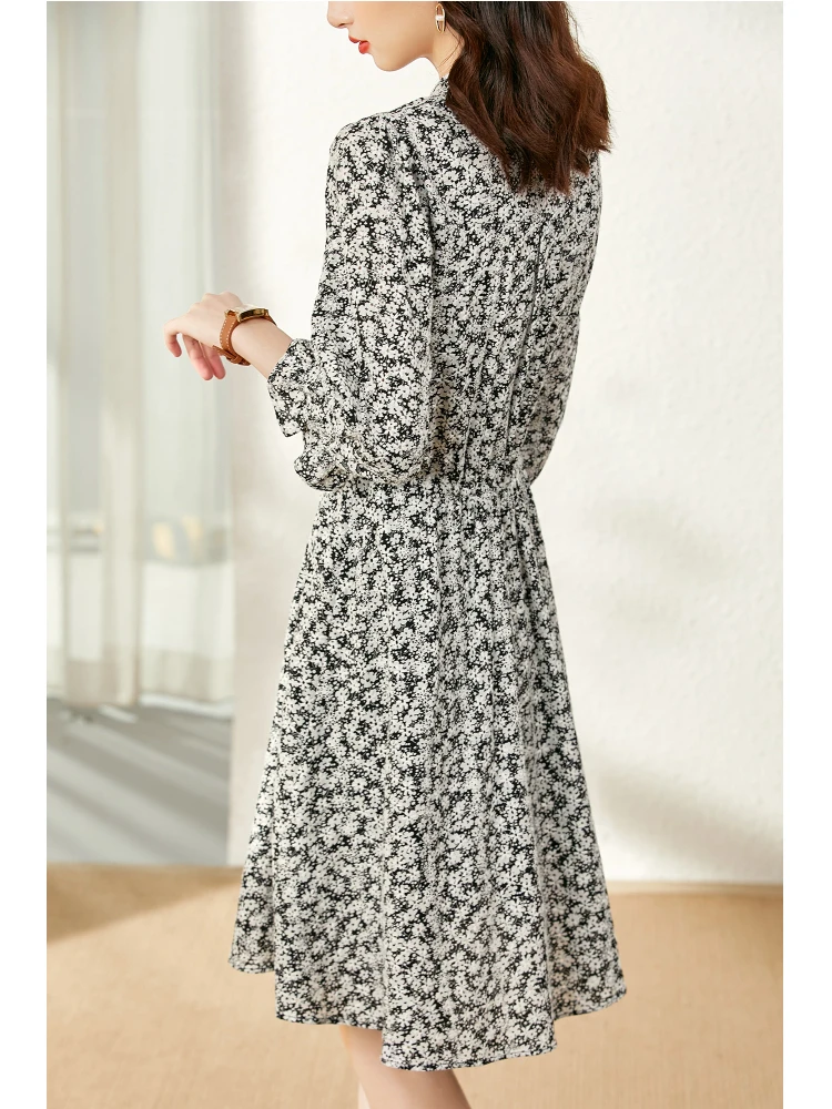 Vimly Stand Collar Floral Dresses for Women 2023 Spring Autumn Elastic Waist Three Quarter A Line Vintage Elegant Dress V1505