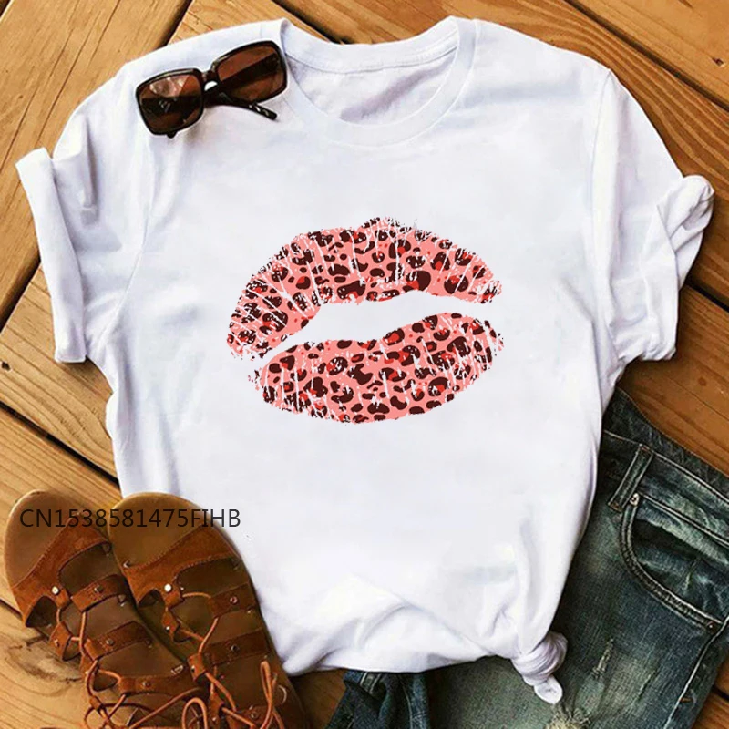 Pink Leopard Lip Print Women Basic Tshirts Summer Casual Funny T Shirt For Lady Premium Top Tee Hipster Femme Shirts