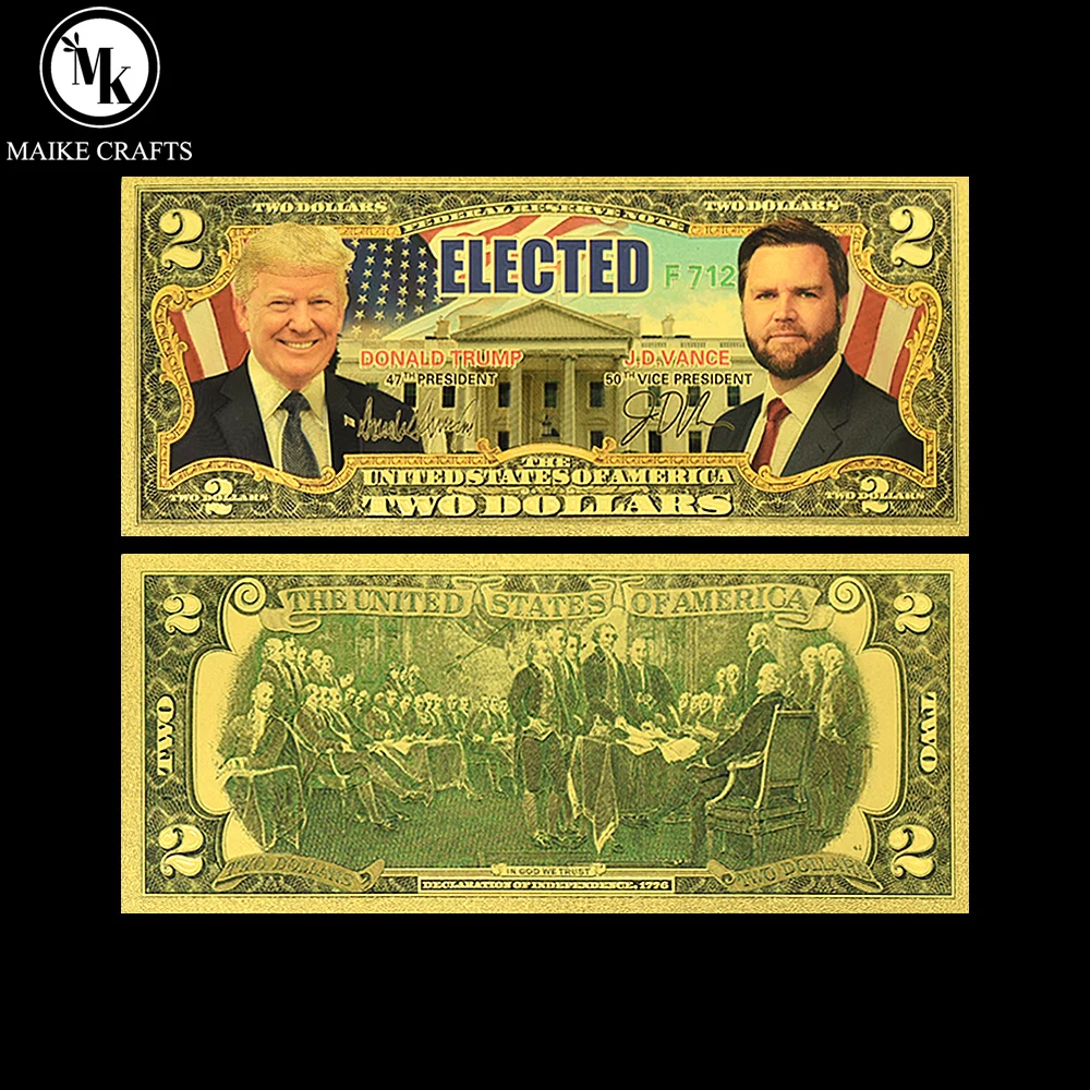 2024 Donald Trump&J.D.Vance Elected Two Dollars Gold Foil Banknotes US President Plastic Money Fans Collection Gift