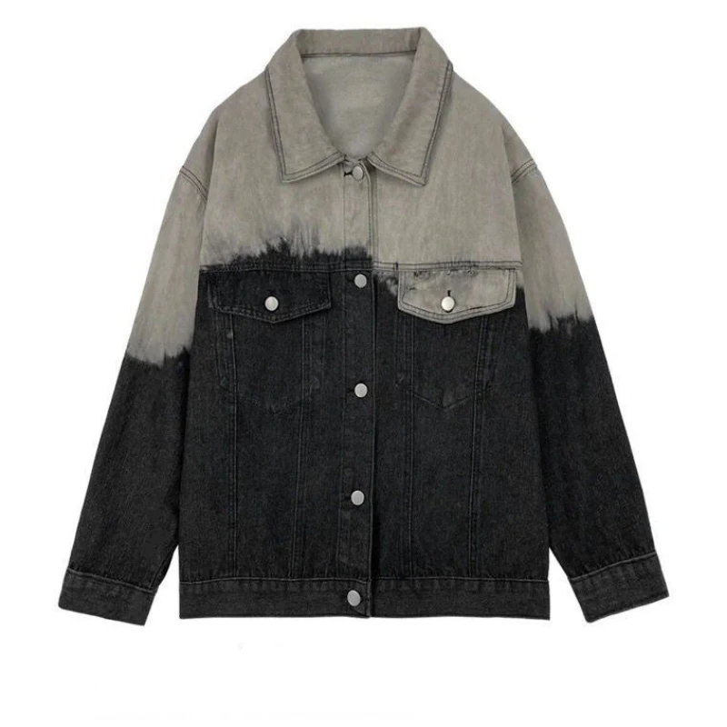 Giacca di jeans Ombre da donna Vestibilità ampia Stile di abbigliamento da lavoro Cappotto lavato versatile Giacca di jeans tie-dye casual per donna Streetwear