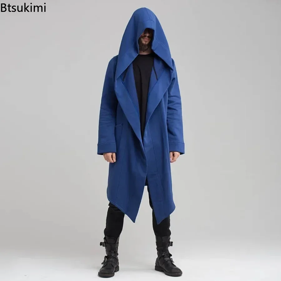 New 2024 Men' Casual Hoodie Coat Jacket Solid Cardigan Cloak Coat Open Front Warm Long Outwear Male Trench Coats Men Clothing