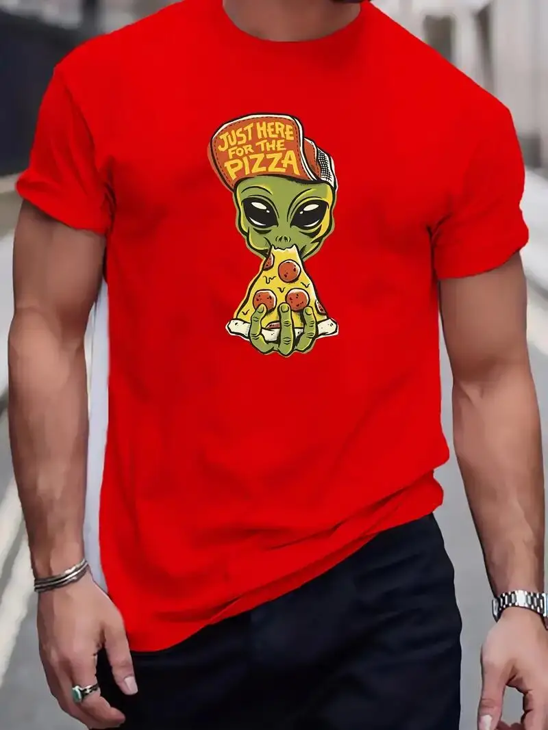 Alien Pizza Lover Men\'s T-Shirt - Quirky Design, Comfortable Mid-Stretch, Crew Neck, Perfect for Summer Outdoor Fun