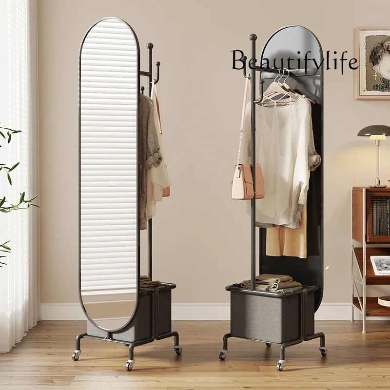F Cream Wind Movable Full-length Mirror Hanger Bedroom Household Light Luxury Rotating Floor Coat Rack