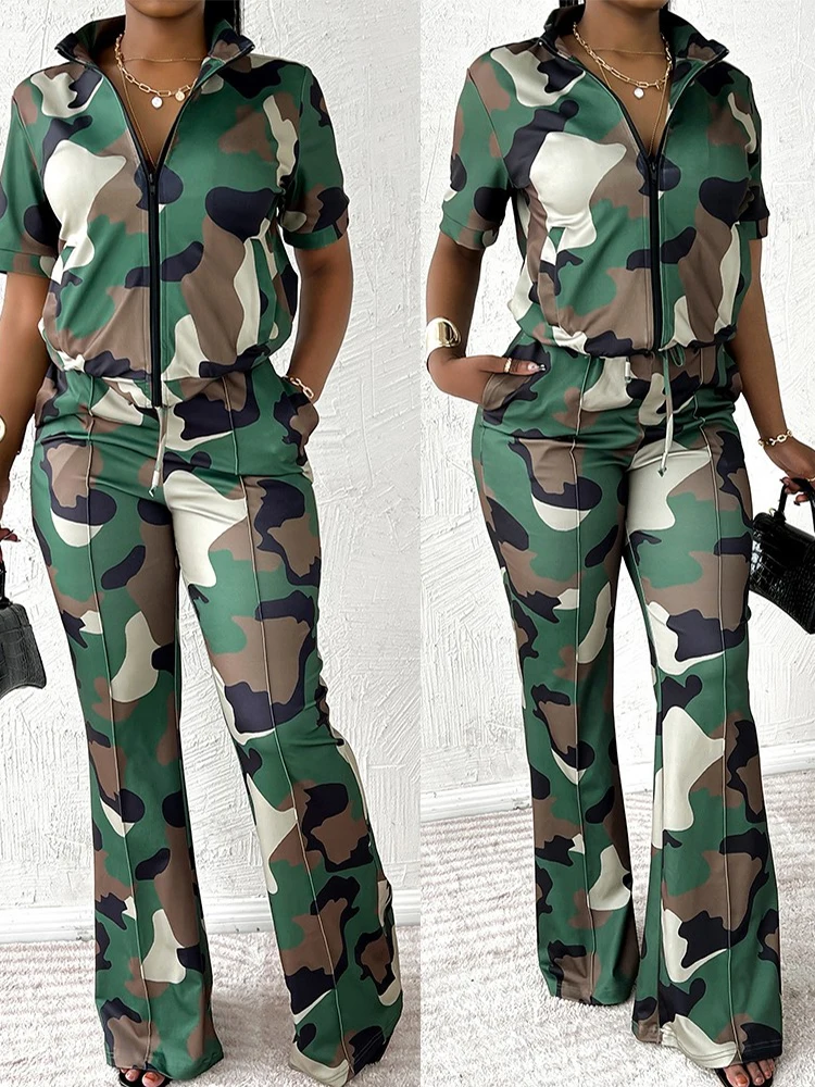 

2023 Two Piece Sets Womens Geometric Print Zip Up Top & Drawstring Pants Set Outifits Fashion Tracksuits Casual T Female Outfit