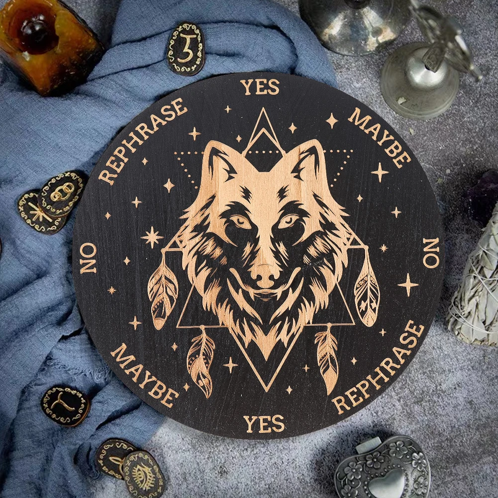 15 Cm Laser Engraved Wooden Decorative Round Board Creative Wolf Pattern Mat Crystal Energy Dish Base Altar Witchcraft Supplies