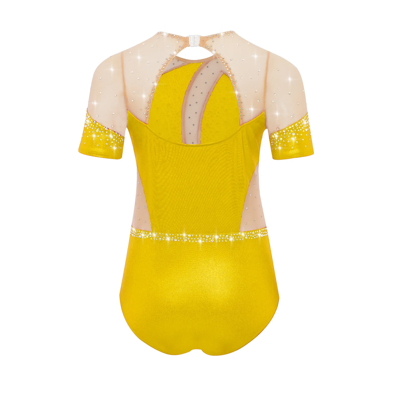 Teen Girls Ballet Dance Leotards Gymnastics Figure Skating Performance Dancewear Rhinestones Short Sleeve Sheer Mesh Bodysuit