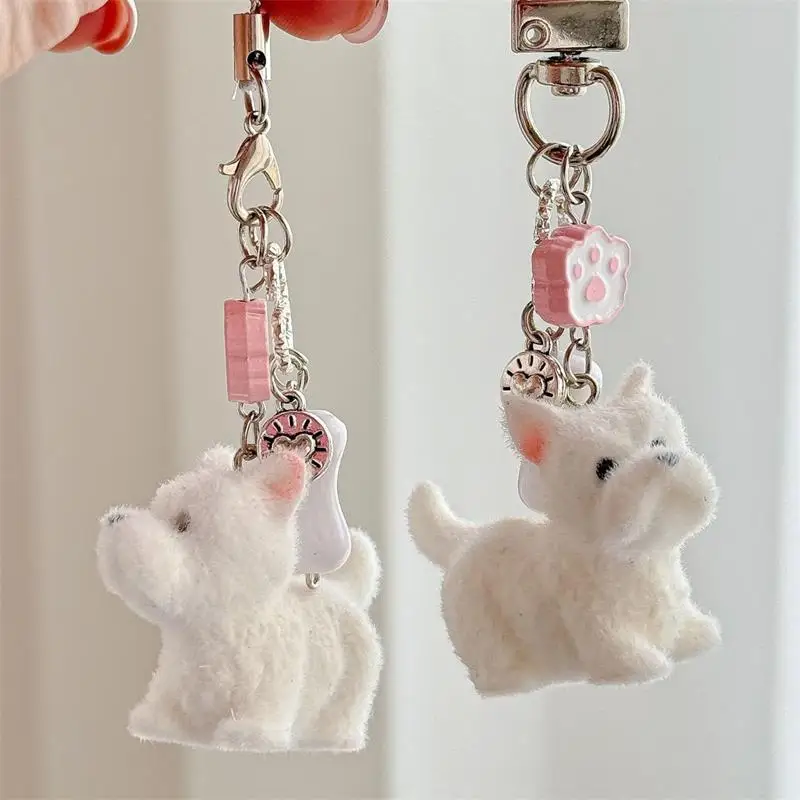 

Backpack Ornaments Bag Lanyard Phone Chain Couple Gifts Cute Cartoon Lovely Animal Flocking West Highland Puppy Keychain Pendant