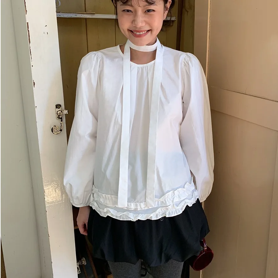 ملابس مكتب نسائية كورية أنيقة irt Sweet Gentle Age-Defng طويلة Sve مع حزام كشكش من الخشب