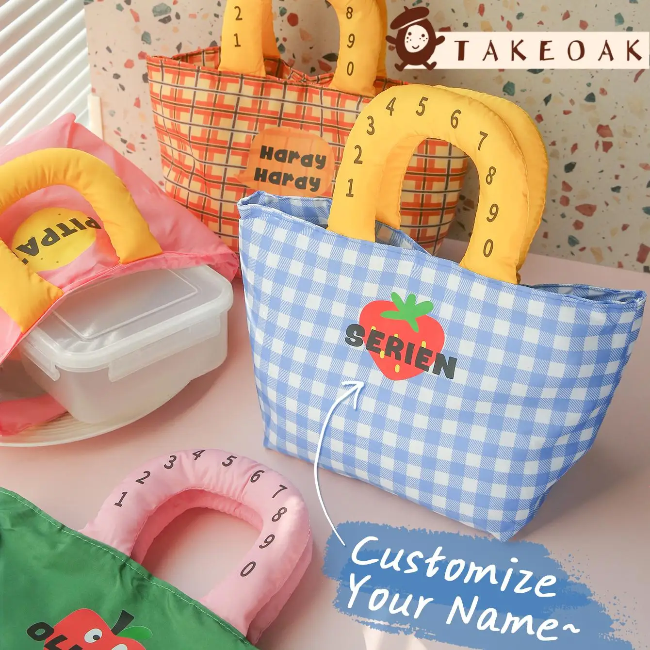 Personalized Custom Name Plaid Lunch Tote Bag Waterproof Fruit Pattern Portable Kids Food Storage Handbag Custom Gift