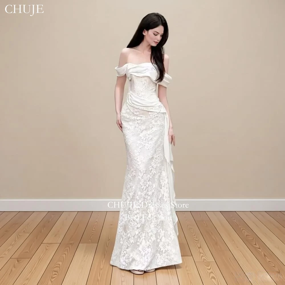 

Новое свадебное платье-русалка с открытыми плечами и плиссировкой, полностью кружевное, длинное, для невесты, для гостей, для выпускного вечера, на заказ