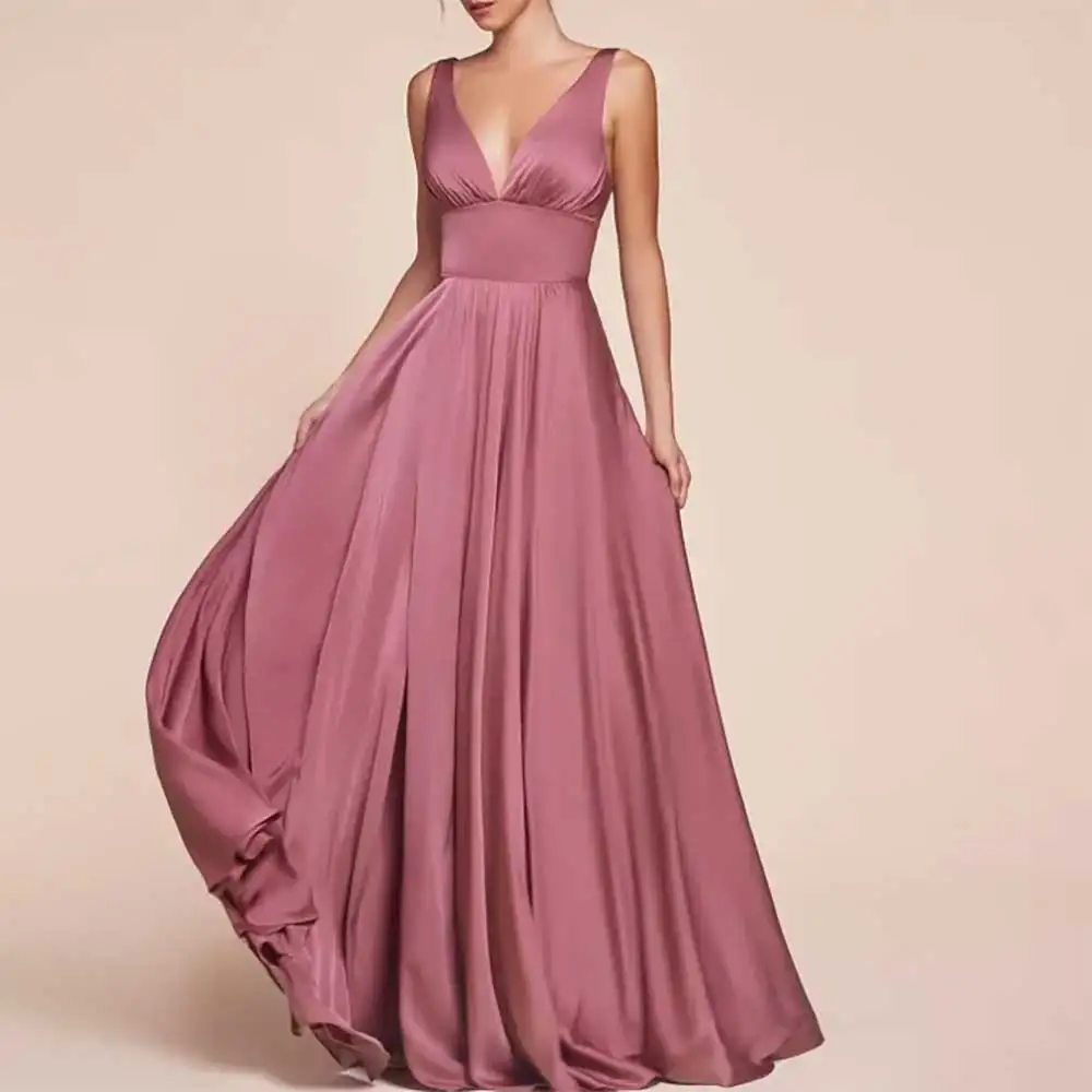 

Elegant V Neck Pleated A-line Side Split Backless Evening Dress for Women Prom Dresses Bridesmaid's Dresses Cocktail Party Dress