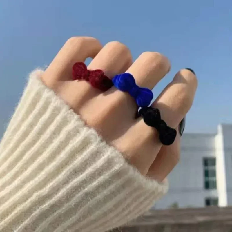 Vintage Flocking Rings for Women Bow Knot Velvet Bear Ring Girls Party Proposal Wedding Jewelry Christmas New Year Gift