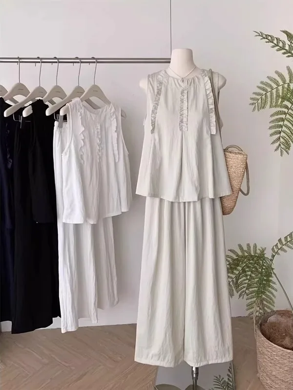 

plus Size Women's Korean Sle Loose Svel Vest Top And Wide Leg Pants Set Summer Casual High Waist Long Pants