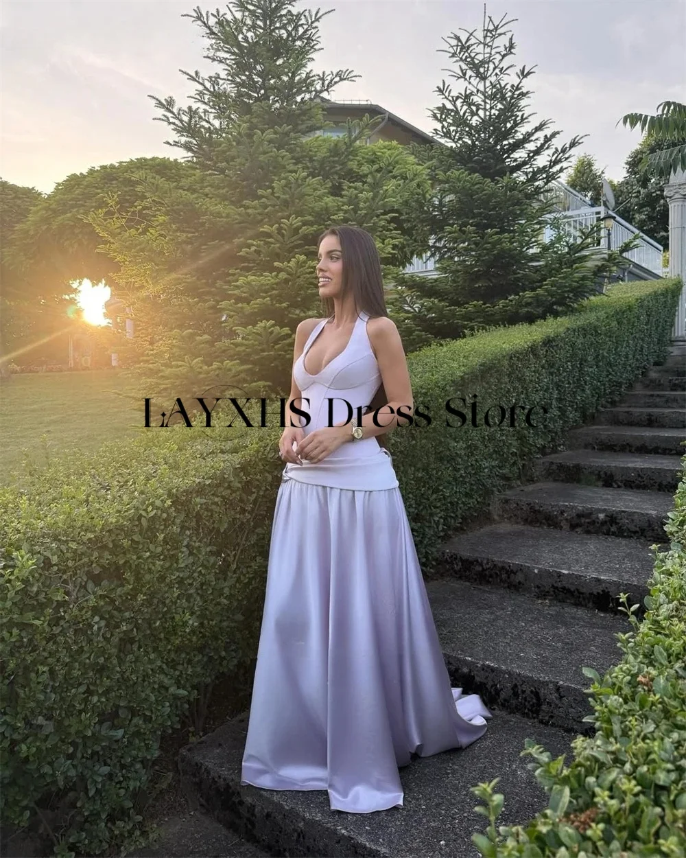 LAYXHS Simples Roxo Halter Vestido de Noite A Linha Lace Up Sem Mangas Mulheres Vestidos de Baile Personalizado فستانmavera