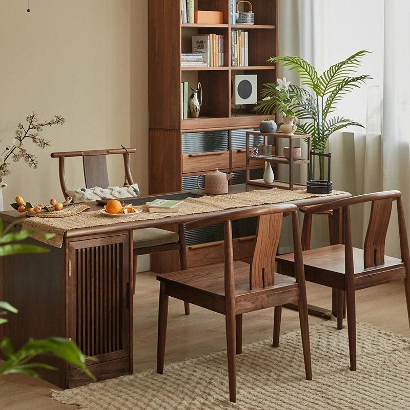 

New Chinese-style solid wood chair combination household Zen tea room integrated wet and dry tea table black walnut
