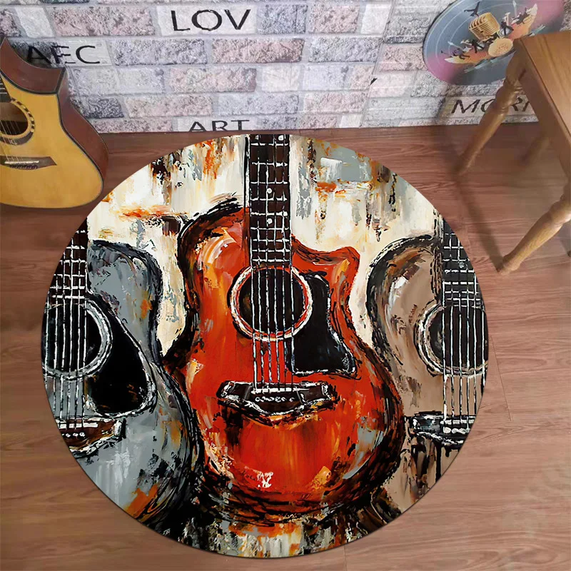 Music Theme Round Carpet with Piano, Drums & Notes Design – Melody Inspired Art Rug for Living Room, Studio or Home Decor