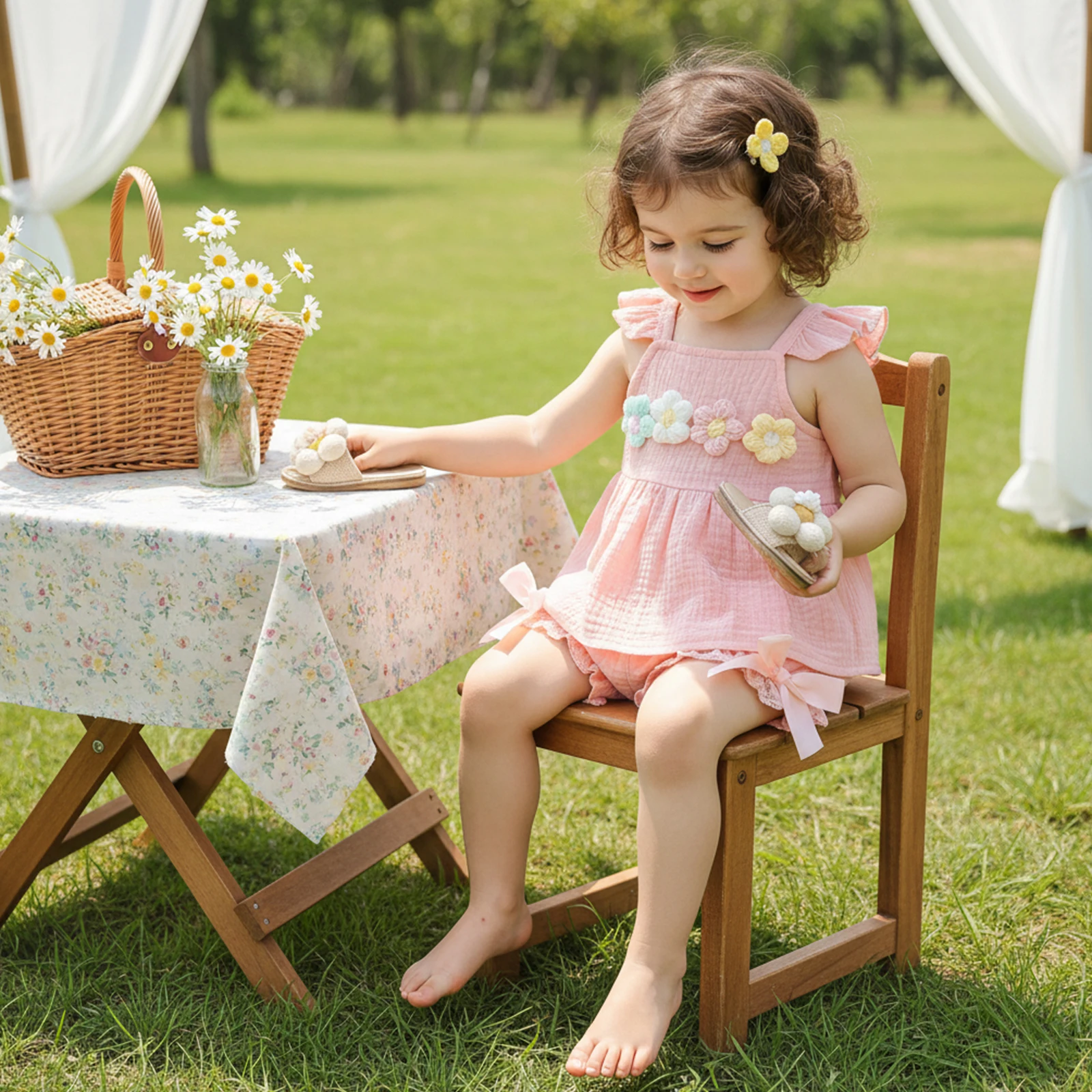 

Летний комплект для девочки 0-18 месяцев: топ с цветочным принтом и рукавами-крылышками, шорты с бантом и оборками, 2 предмета