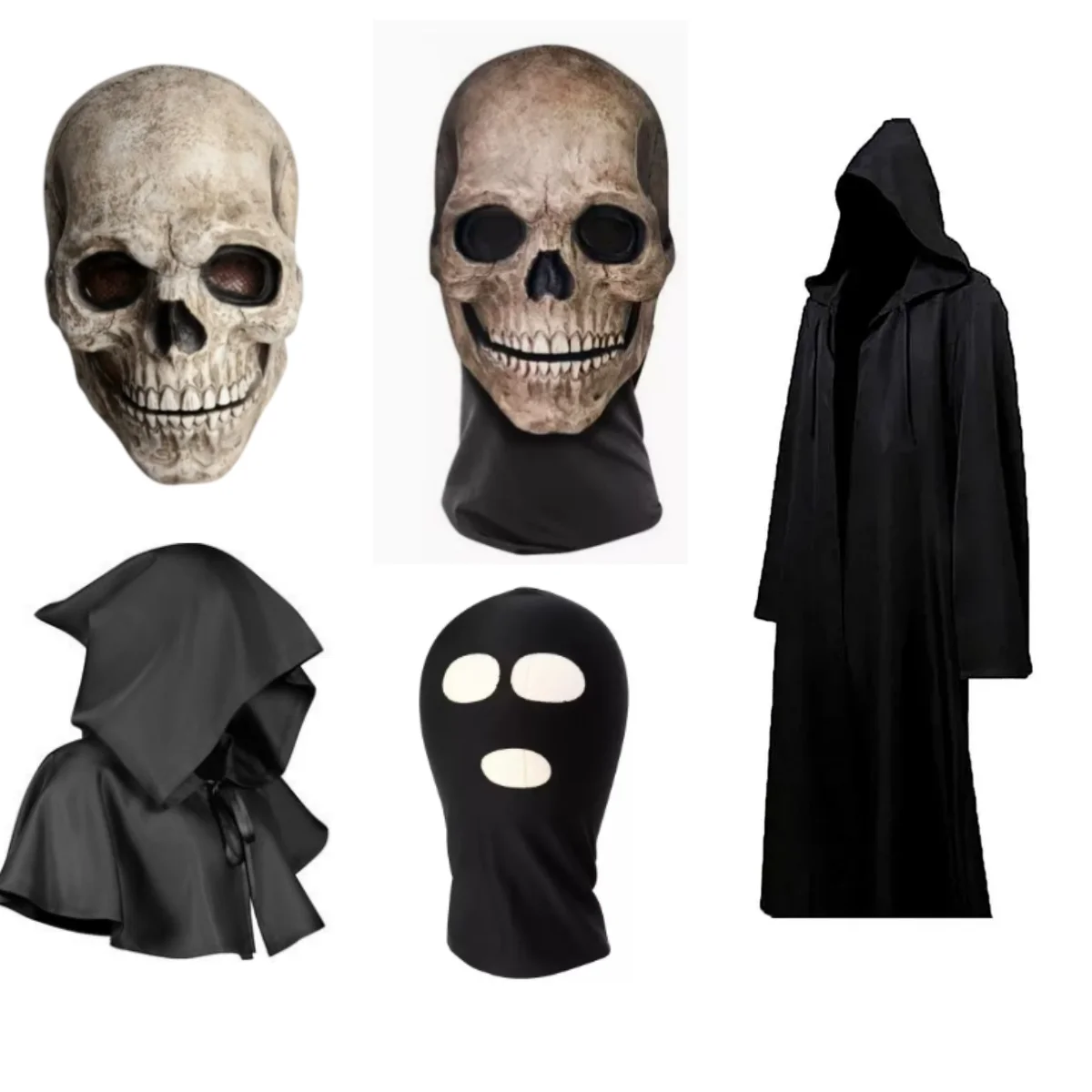 Horror Prop Costume Halloween Cosplay Skeleton Mask Hooded Robe Ghost Cloak Long Shicosplayrt for Escape Room Haunted House NPC