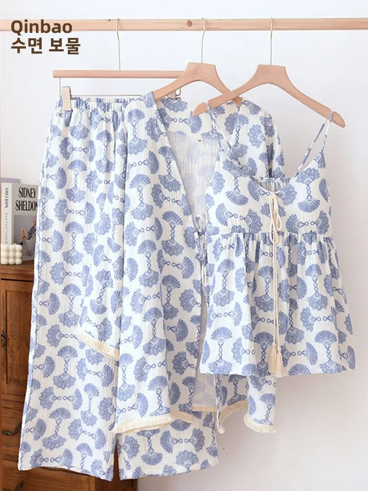 

Pure Cotton Spwear Set Women's Long Sve Strap Home Clothes with Chest Pad Spring Autumn Winter Tee-piece Sweet Sle