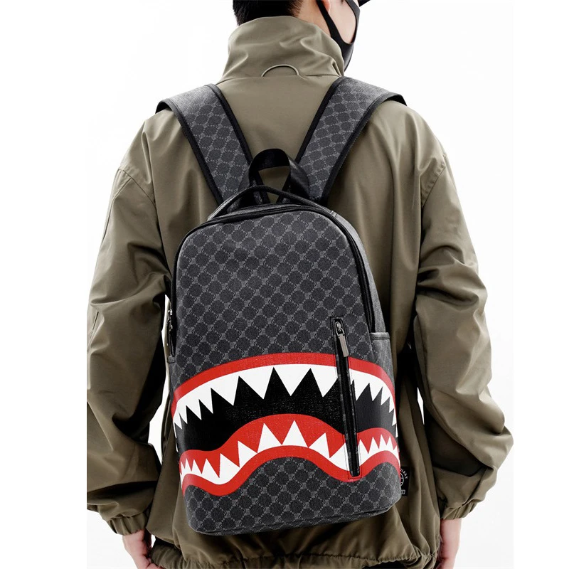 Simple Personality Fashion Shark Mouth Men\'s Backpack Plaid High School Student College Student School Bag Computer Backpack