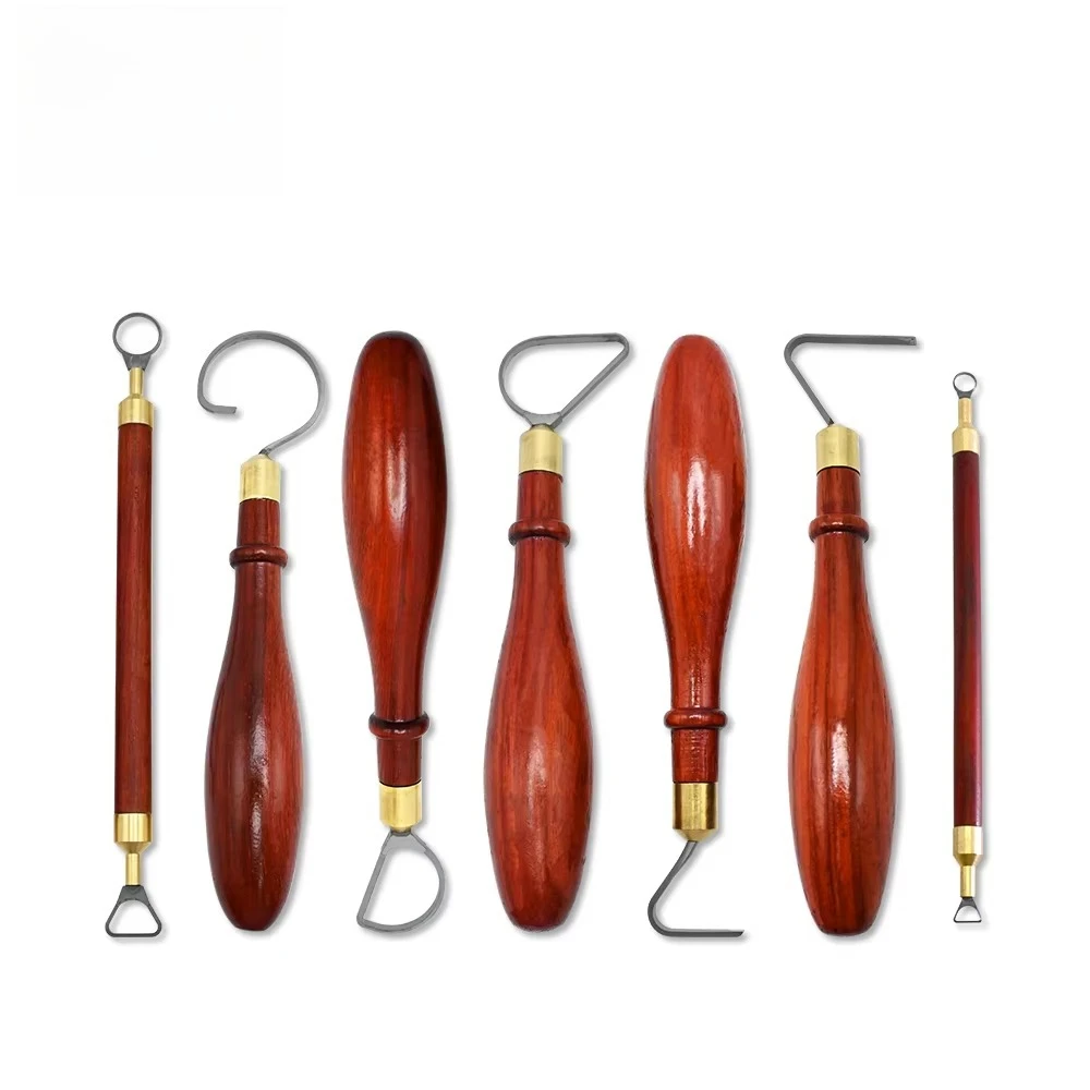 7-Piece carbide ceramic tool set, red wooden handle, for clay carving, trimming and restoration, ceramic craft tools