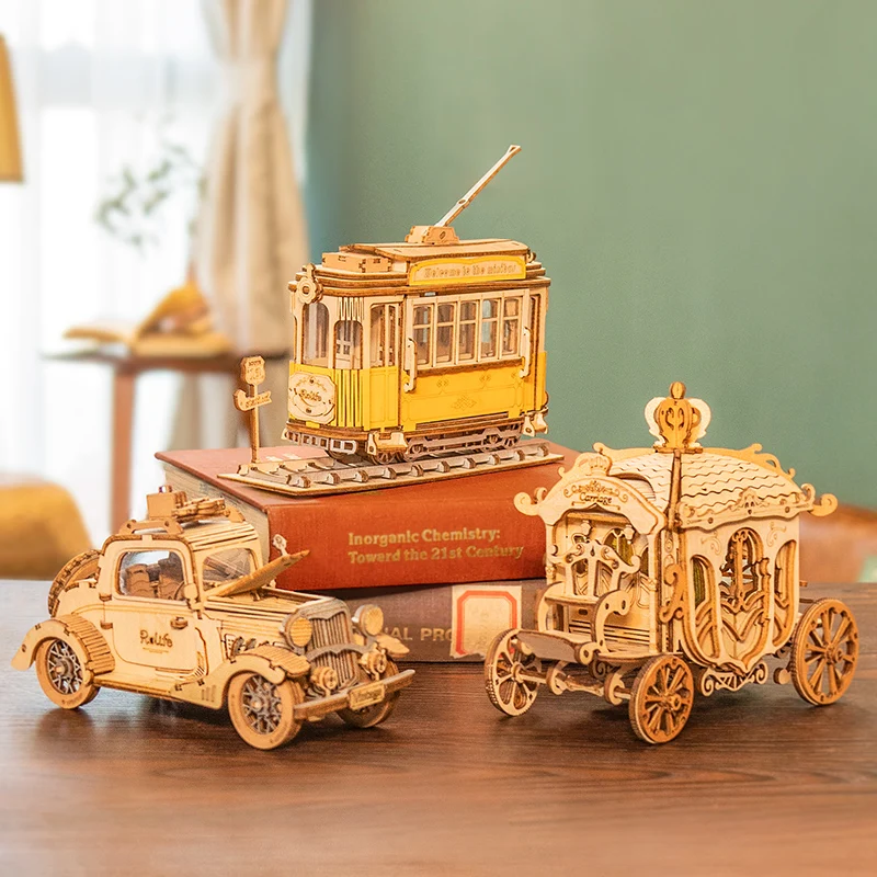 3 Kinds DIY 3D Transportation Wooden Model Building Kits Vintage Car Tramcar Carriage Toy Gift for Children Adult